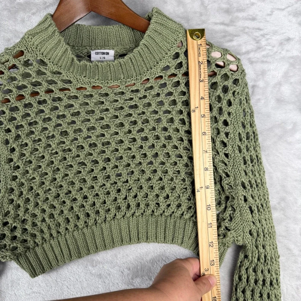 Green Crochet Knit Mock Neck Long Sleeve Crop Sweater Top L Fall‎ photo